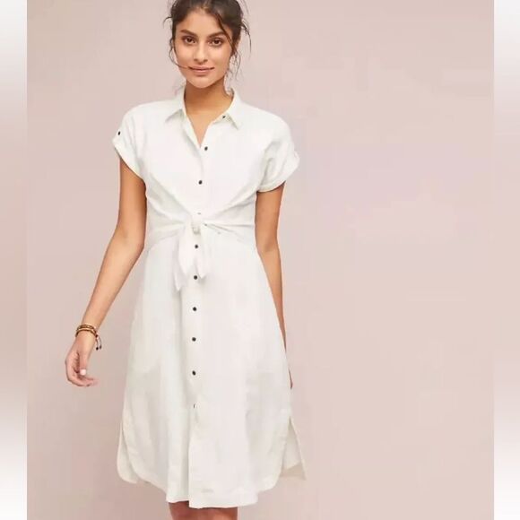 Anthropologie Dresses & Skirts - Anthropologie Maeve Elsebeth White Linen Tie Front Midi Shirt Dress | Size 8